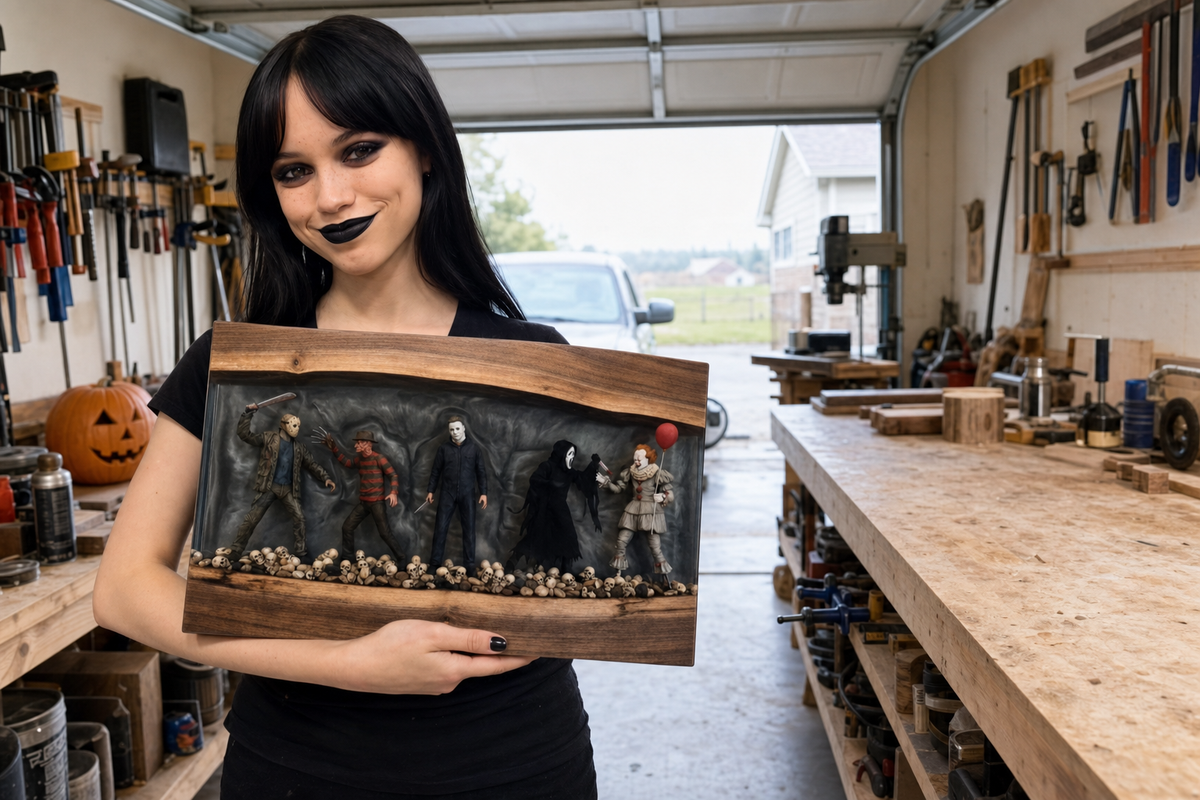 The HELLOVALE artist holding a finished cutting board