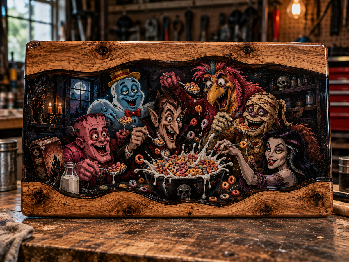 Cereal Killers horror resin cutting board with classic monsters sharing a bowl of cereal