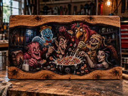Cereal Killers horror resin cutting board with classic monsters sharing a bowl of cereal