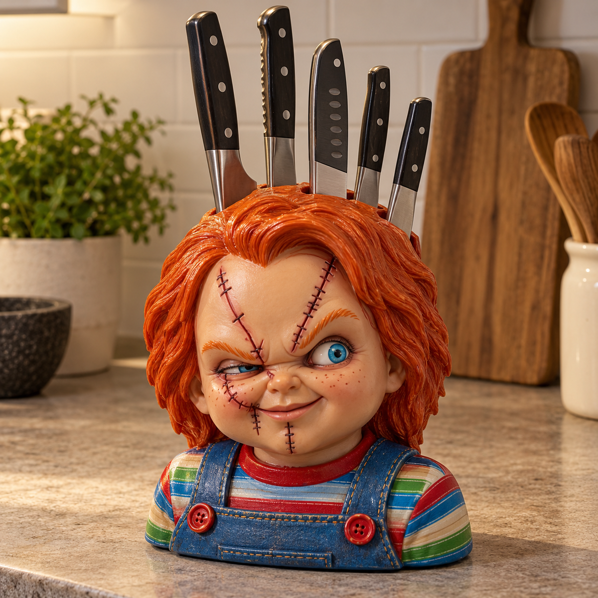 Concept rendering of chucky with knives handmade horror knife holder