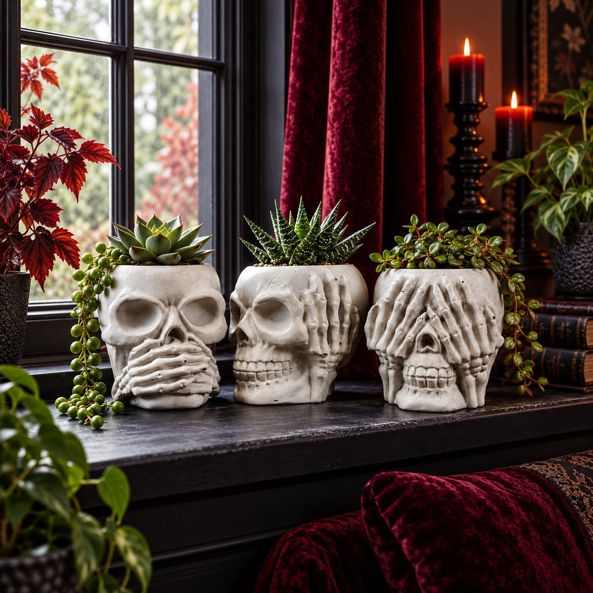 No Evil Concrete Skull Planter — styled room